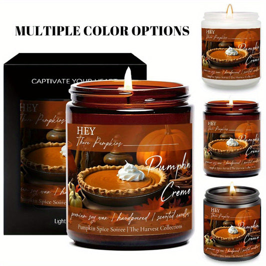 1pc Hello Pumpkin Creme Scented Candle - Autumn Fall Decor with Pumpkin Spice Scent, Soy Wax Candle in Amber Bottle - Long Burn Time (8-12 Hours) for Thanksgiving, Halloween, Birthday, Home, Office - Gift for Women, Men, Mom, Dad, Couples, Coworkers - Co