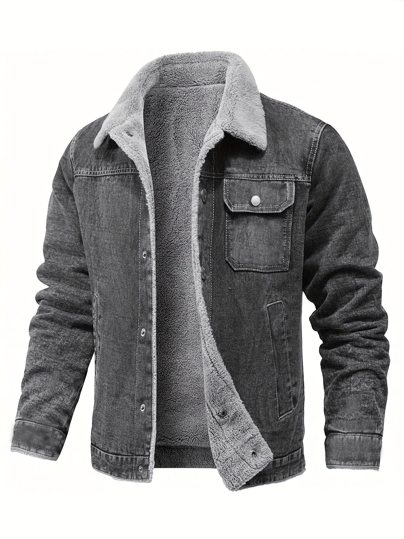 Men's Vintage Washed Denim Jacket with Fleece Lining - Warm, Casual Winter Coat with Buttoned Cuffs and Chest Pockets, Grayish-Black Distressed Look