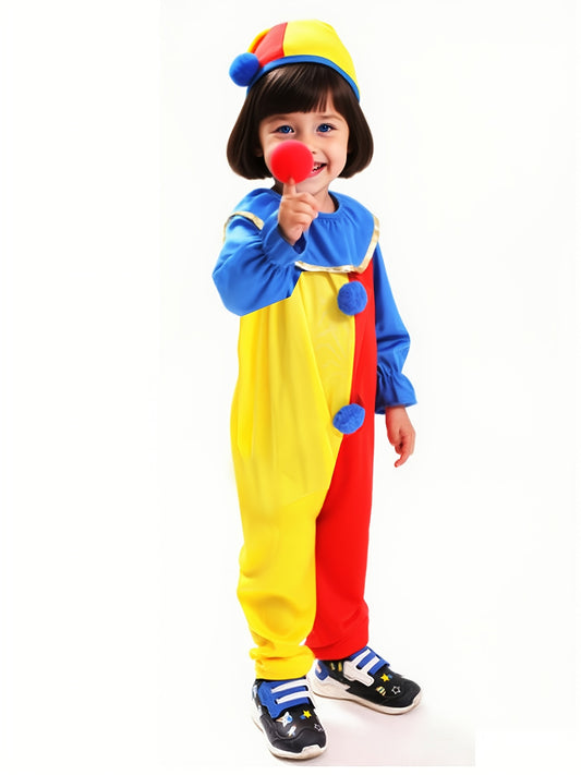 Girls' Clown Costume - Red & Yellow Color Block Halloween Outfit with Fake Buttons, Long Sleeve Party Dress for Birthday, Carnival, Circus - Easy-to-Wear Jumpsuit for Toddlers & Kids, Halloween Costumes for Girls, Circus Attire, Whimsical Design, Durable