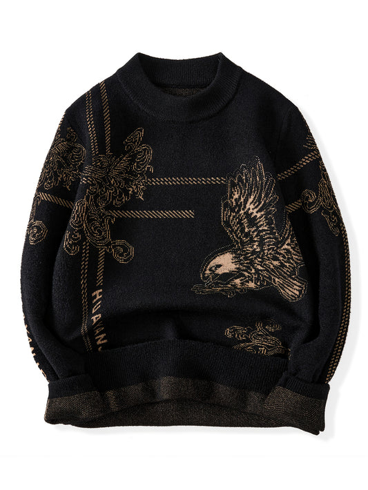Men'S Elegant Golden Eagle & Eagle Wing Print Long Sleeve Sweater - Soft Warm Winter Knit Sweater with Golden Eagle Design, Round Neck Casual Coat