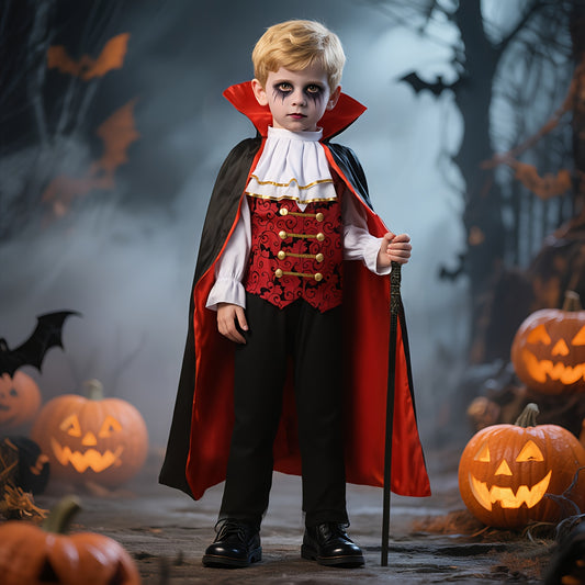 1 Set of Vampire Costume for Kids, Including Scepter + Halloween Party Dress, Retro Earl Style + Festival Cosplay, Gift-Worthy + Role-Playing Outfit, Black And Red Color Scheme, Holiday Performance Attire.