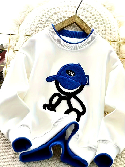 Boys' Trendy Round Neck Sweatshirt with Faux Two-Piece Design, Embroidered Craftsmanship, Stylish Regular Fit Top