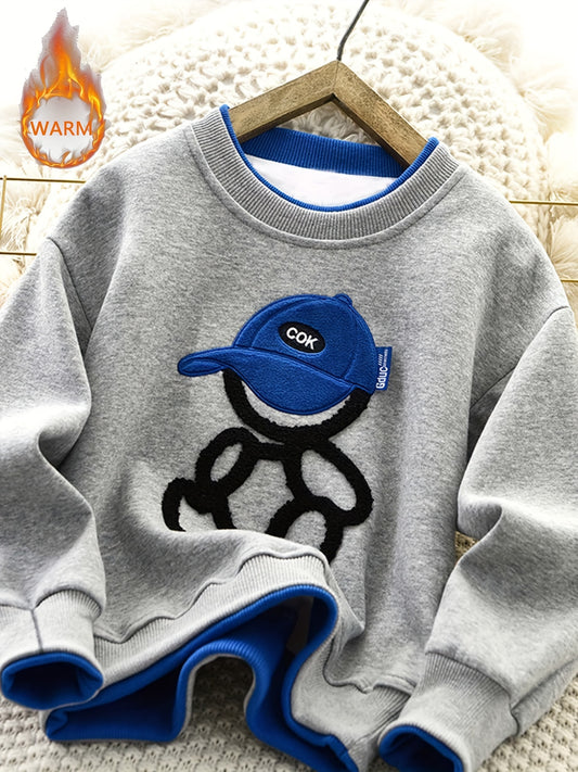 Boys' Cozy Fleece-Lined Sweatshirt with Embroidered Detail - Casual Cotton Blend Pullover for Fall/Winter