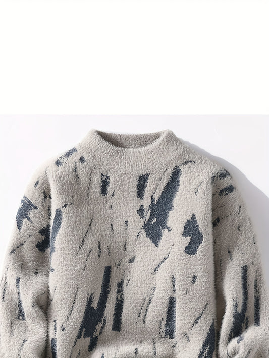 Men'S Casual Crew Neck Pullover Sweater - Long Sleeve Knitted Fabric Top with Color Block Design, Fall/Winter Warmth, Acrylic Blend (50% Acrylic, 30% Polyester, 20% Nylon) - SENMEIGUO