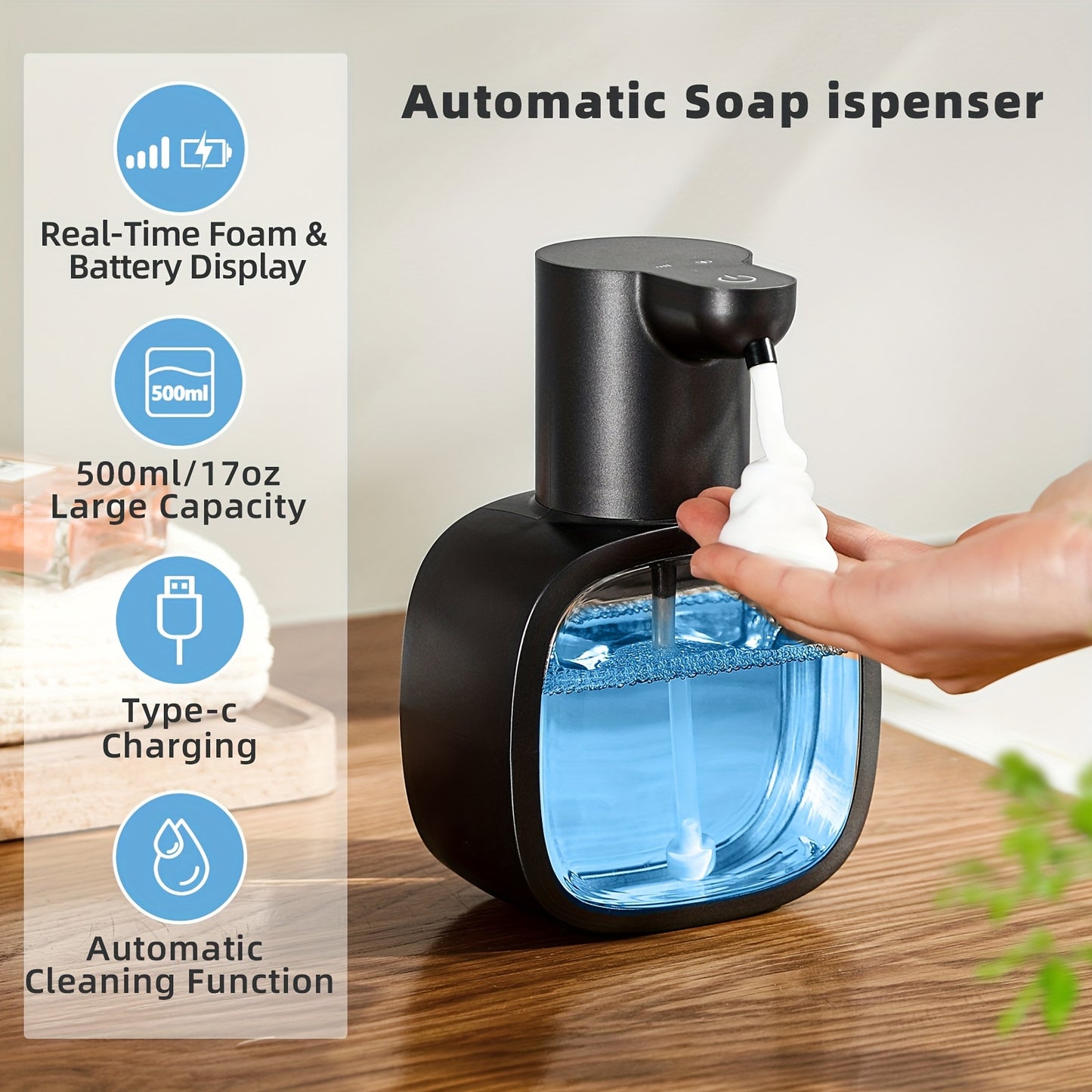 Automatic Soap Dispenser, Wall-Mounted Electric Soap Dispenser with Real-Time Foam Monitoring, Intelligent Induction, USB Charging, Lithium Battery, Plastic Material, for Bathroom, Kitchen, Hotel, Restaurant, Barber Sho