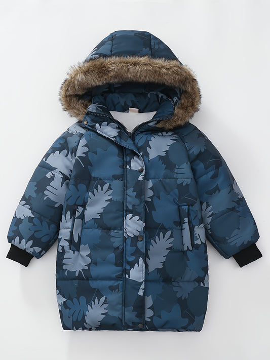 JOMAKE Boys' Full-Zip Hooded Winter Jacket with Camo Print & Leaf Pattern, Insulated Windproof Coat, Machine-Washable Polyester, Turquoise Blue/Grey Snowproof Outerwear for Skiing, & Activities (All-Season ', Winter Jacket For Boys, Boys Winter Coat, Boy