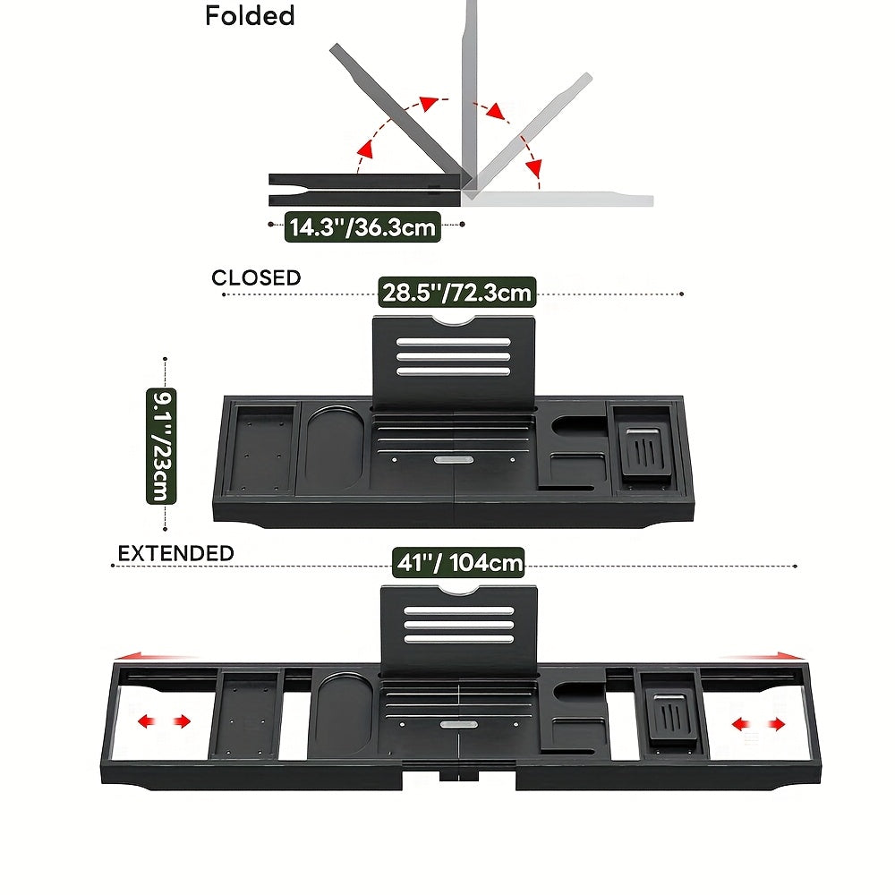 Luxury Expandable Bathtub Caddy Tray with Book Holder, Soap Dish & Accessories - Foldable Bamboo Bath Table for Tub, Perfect for Relaxing Spa Days, Black