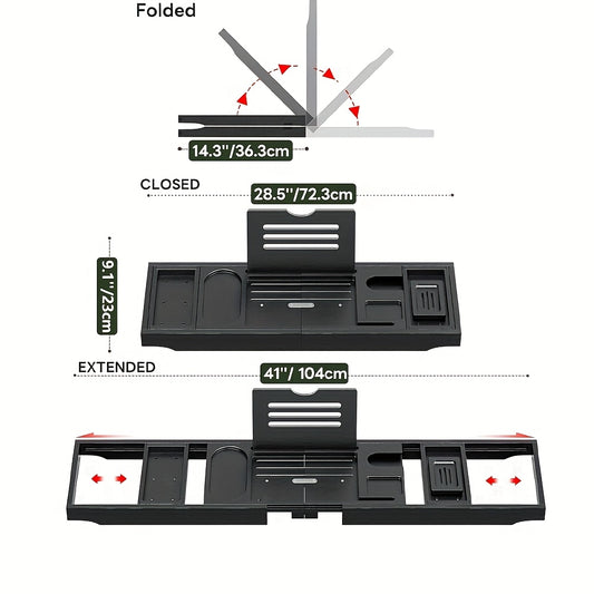 Luxury Expandable Bathtub Caddy Tray with Book Holder, Soap Dish & Accessories - Foldable Bamboo Bath Table for Tub, Perfect for Relaxing Spa Days, Black