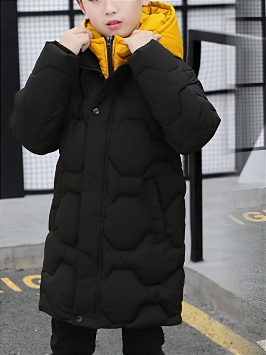 Boys' Winter Hooded Jacket - Thickened Mid-Length Windproof Warm Coat with Pockets, Black & Yellow Two-Tone Design, Casual Style for Fall/Winter Outdoor Play, Winter Coat for Boys, Playful Kids' Fashion, Durable Kids' Clothing, Winter Jacket For Boy, Win