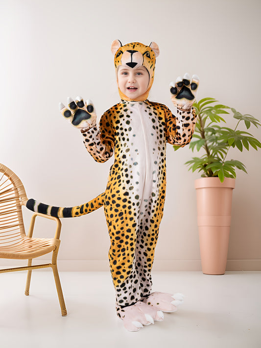 Adorable Kids' Cheetah Print Bodysuit with Hood, Paw-Shaped Gloves & Socks – 6pcs Set for Halloween Performances