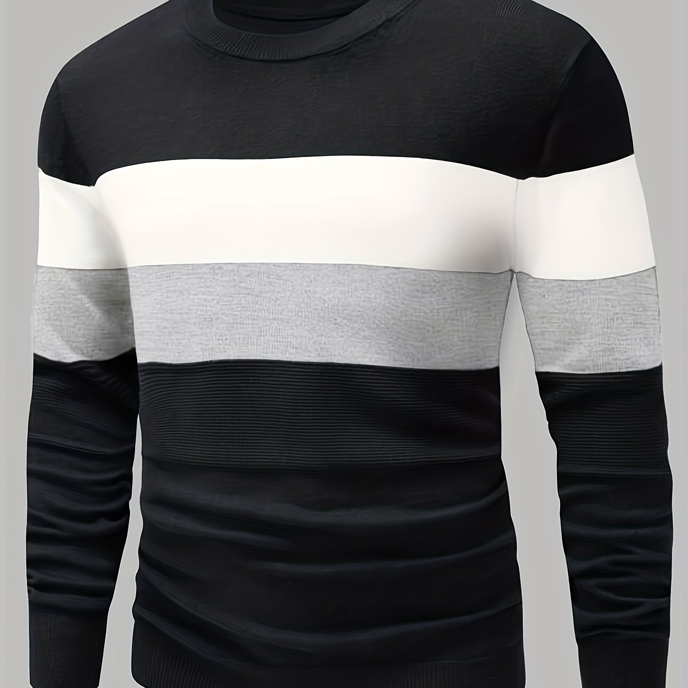 All Match Knitted Color Block Sweater, Men's Casual Warm Slightly Stretch Crew Neck Pullover Sweater For Men Fall Winter