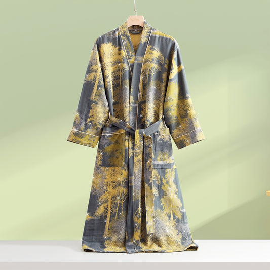 New Pure Cotton Double-Layer Yarn Bathrobe - Absorbent Long Sleeve Kimono with Modern Abstract Print, Couple-Friendly Pajamas & Robe, Machine Washable Home Wear for Relaxation, Bath Robes