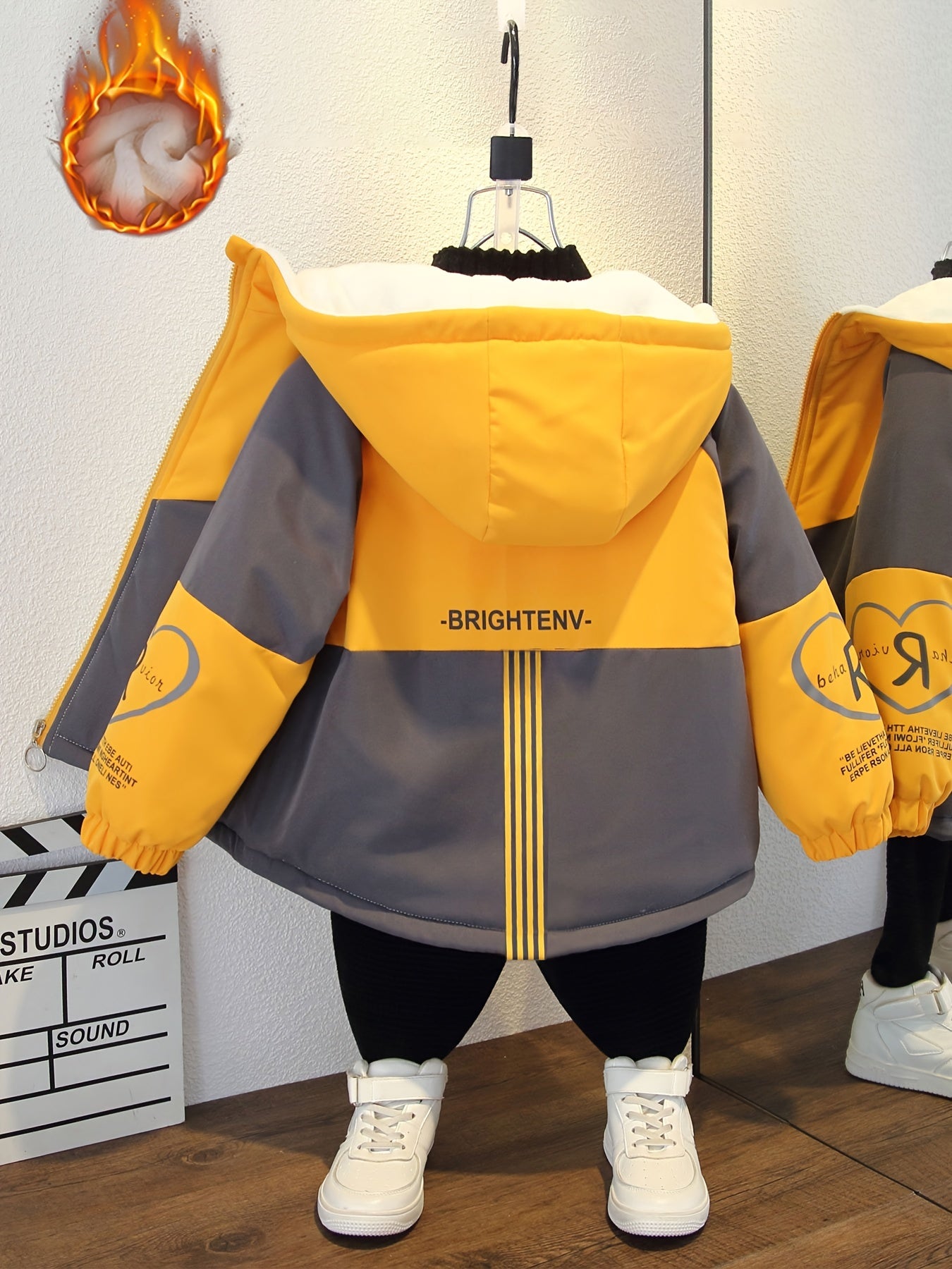 Youngsters' Brightten Autumn & Winter Parka - Cozy Fleece-Lined Thick Hooded Jacket with Love & Letter Print, Contrast Yellow & Gray, Loose Fit, Zip-Up Closure for Boys & Girls