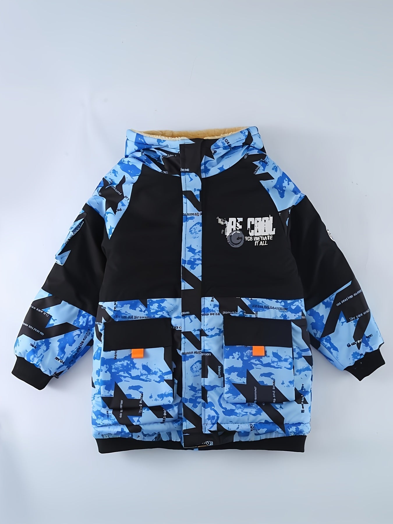 Boys' Heavy-Duty Winter Jacket - Thick Insulated Coat with Full-Zip Closure, Hooded Cold Weather Outerwear, Black/White/Gray/Orange Accents - All-Season Outer Jacket for Big & Tall Boys - Ideal for Hiking, School, and Everyday Use - Easy-Care Polyester F