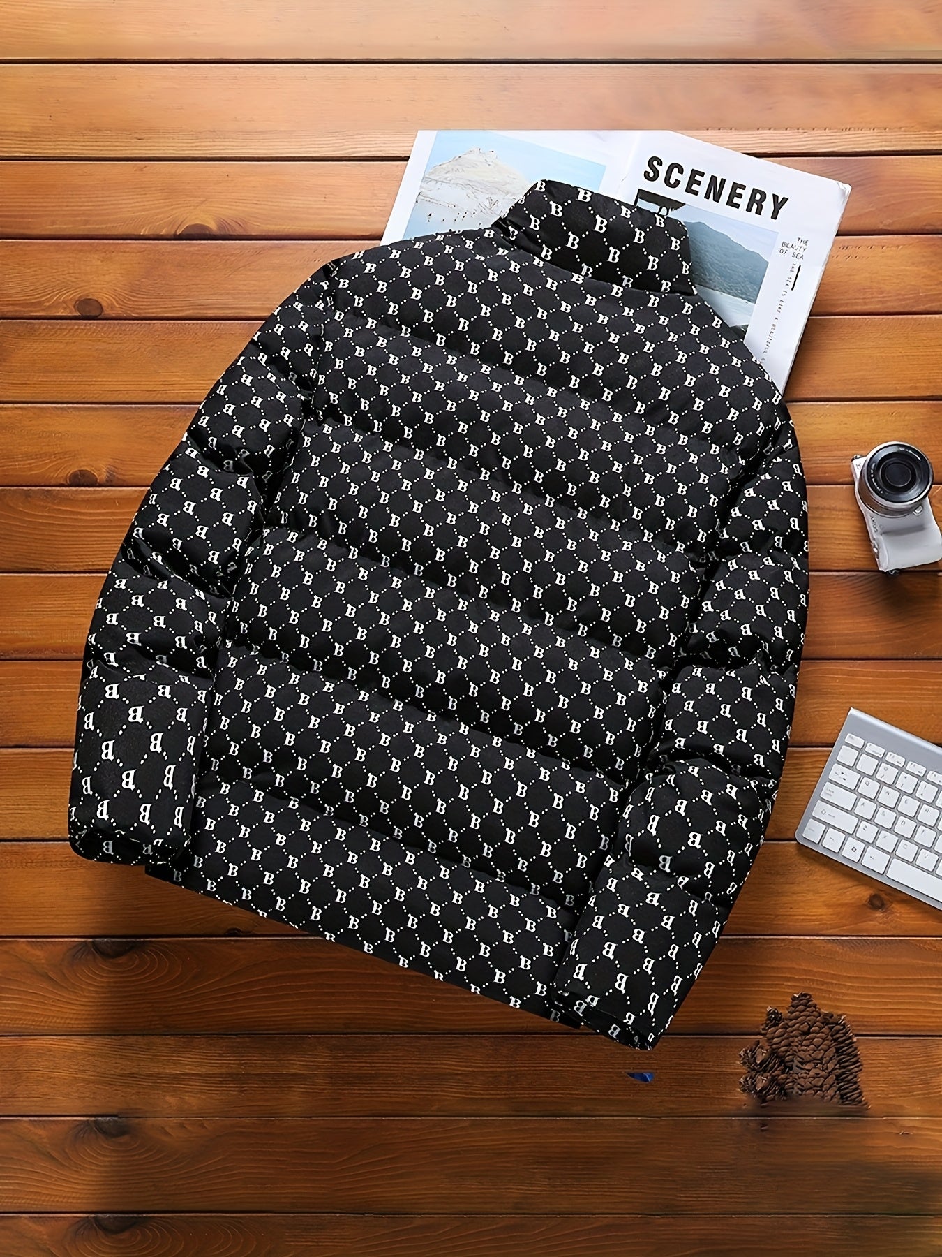 Men'S Casual Loose Fit Fleece-Lined Bomber Jacket with "SCENERY" Letter Print, Stand Collar, Zip-Up, Pockets, and Adjustable Cuffs - Warm Outdoor Fashion Jacket for Casual Attire, Casual Outerwear | Trendy Bomber Jacket | Zippered Jacket, Men Jacket, Men