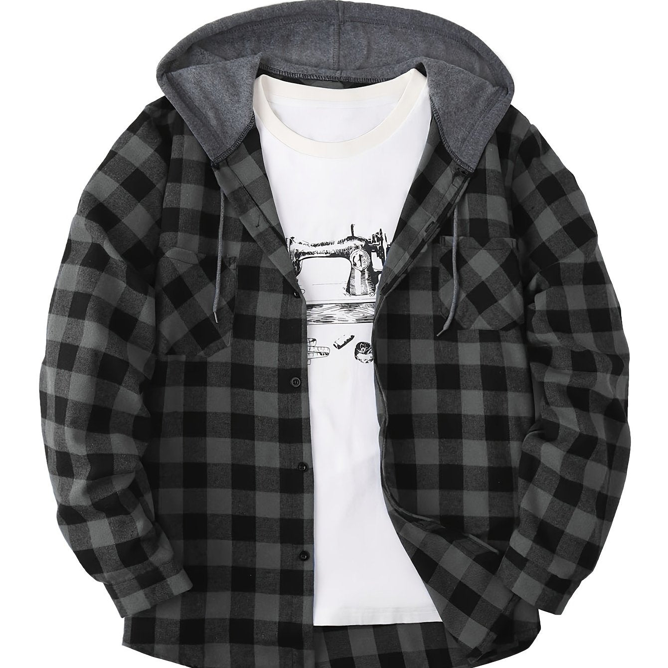 Long Sleeve Casual Regular Fit Button Up Hooded Shirts Jacket, Plaid Shirt Coat For Men