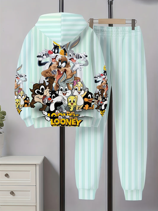 Warner Bros. Looney Tunes Cute Characters Full Print 3D Sweatshirt and Joggers Set, Boys' Outdoor Casual Wear, Perfect for Outdoor