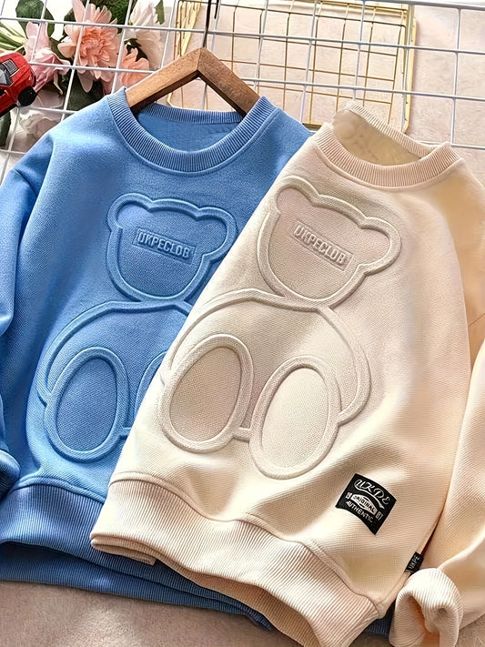 2pcs set of boys' spring and autumn long sleeved T-shirt, stylish 2025 new Youngsters's cartoon bear pattern top, boys' handsome and simple base clothes, trendy
