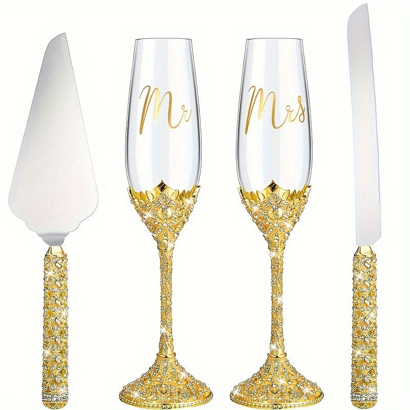 4pcs Wedding Champagne Flutes and Cake Knife Server Set - Elegant Crystal Rhinestone-Adorned Glasses with "Mr. & Mrs." Lettering, Reusable for Wedding Reception - 4Pcs Golden
