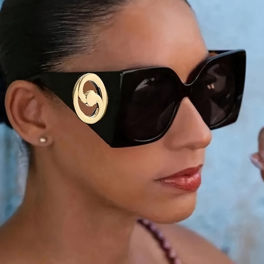 Vintage-Inspired Oversized Fashion Glasses for Women and Men - Stylish Black Rectangular Frame with Golden-Tone Accents, Perfect for, Shopping, & Activities, Accessories|Vintageinspired Glasses|Durable Fashion Glasse