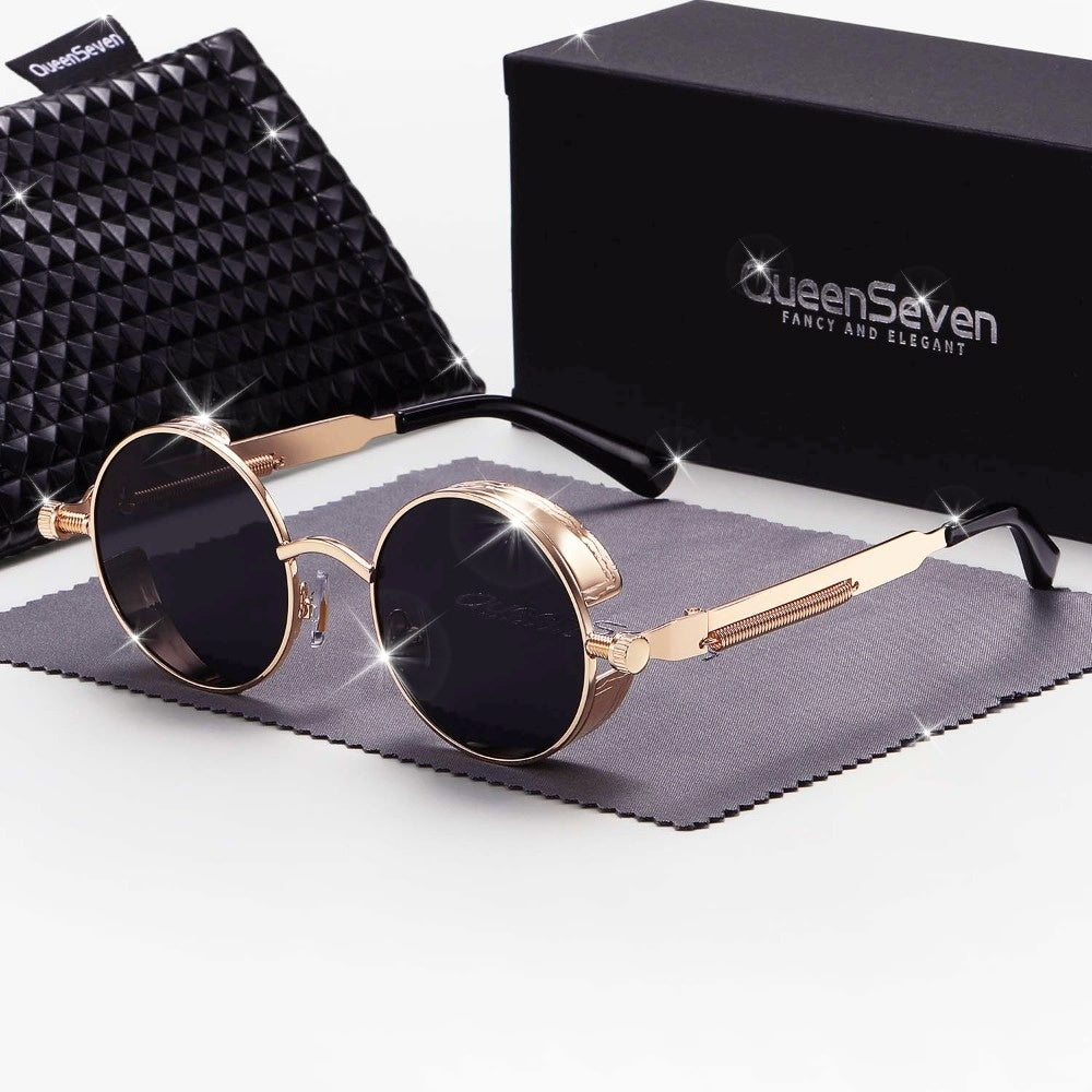 QueenSeven Retro Round Frame Polarized Fashion Glasses - Rose Golden Zinc Alloy, Black TAC Lenses, UV Protection, Stylish Punk Design for Driving & Outdoor Activities, Outdoor Eyewear | Elegant Accessories | Luxury Fashion Glasses