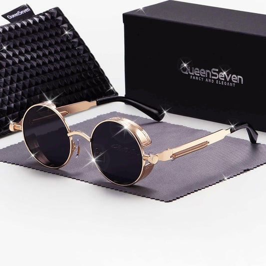 QueenSeven Retro Round Frame Polarized Fashion Glasses - Rose Golden Zinc Alloy, Black TAC Lenses, UV Protection, Stylish Punk Design for Driving & Outdoor Activities, Outdoor Eyewear | Elegant Accessories | Luxury Fashion Glasses
