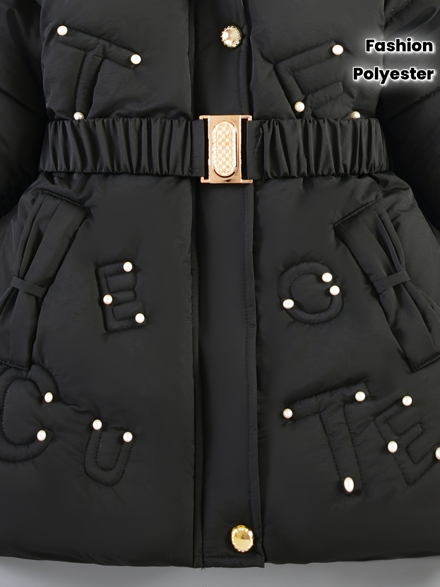 TIRSIUXA Girls' Winter Fashion Parka with Detachable Plush Hood, Adjustable Belt & Lettering - Cozy Polyester Jacket for Outdoor Play, Black, Girls Winter Clothes