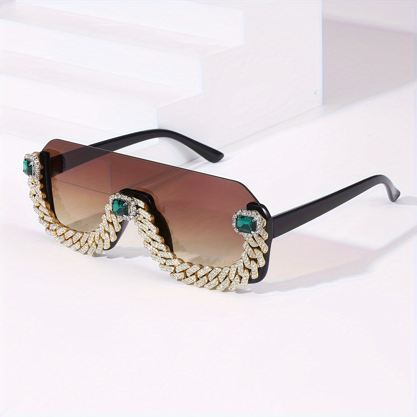 Men'S Hip-Hop Style Semi-Rimless Glasses with TAC Lenses, Zinc Alloy Frame, and Decorative Metal Chain - Fashionable Eyewear for Casual Wear