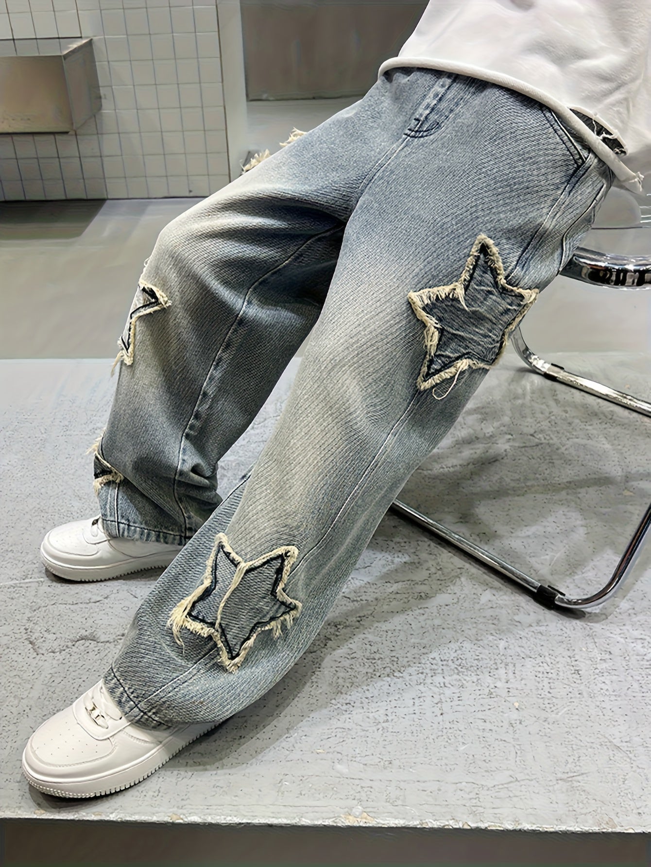 Boys' Star Embroidered Wide-Leg Faux Denim - Casual Loose Fit Long Pants, Non-Stretch Fabric, All-Season Versatile Faux Denim for Spring & Fall, Perfect for Casual Attire, Spring Fall Clothing, Star Embroidery Design, Comfortable Fit, for Outdoor, Pants