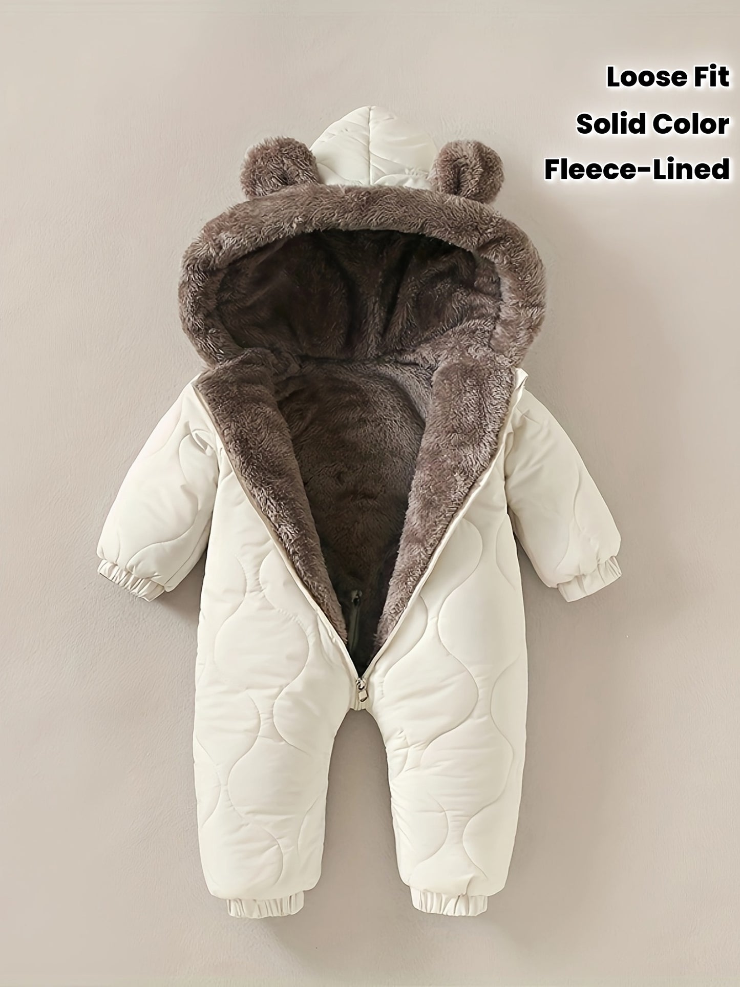 Unisex Snowsuit Winter Warm Fleece-Lined Hooded Romper - Long Sleeve Loose Fit Thermal Outfit for, Hand Wash Only, Solid Color, Perfect for Outdoor