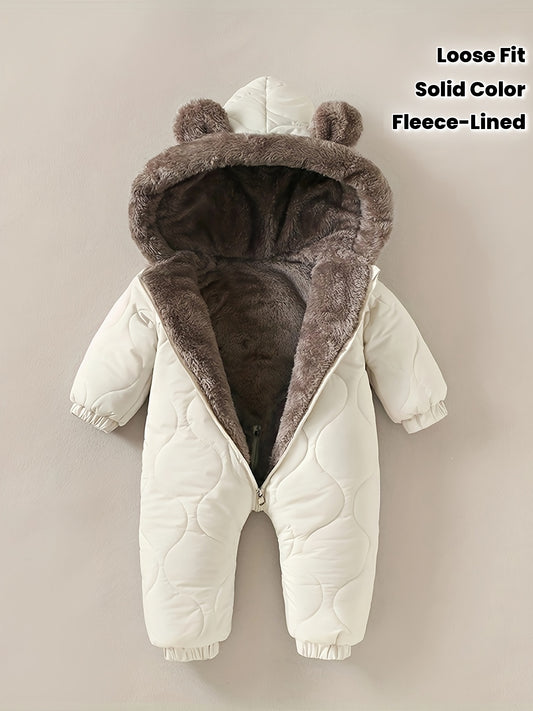 Unisex Snowsuit Winter Warm Fleece-Lined Hooded Romper - Long Sleeve Loose Fit Thermal Outfit for, Hand Wash Only, Solid Color, Perfect for Outdoor