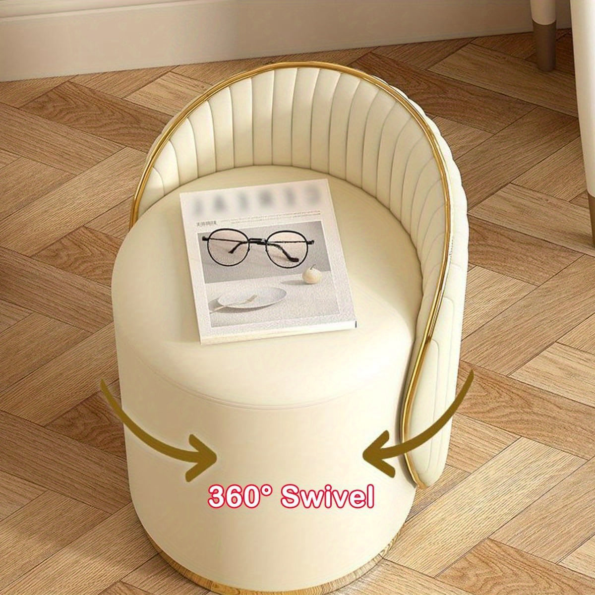 Modern Luxury Swivel Makeup Chair & Ottoman - Memory Foam Cushion, White & Blue/Golden Accent Stool with Soft Curved Backrest, Space-Saving Design for Small Spaces, Easy Assembly, Hardwood Frame & Plywood Construction, Ideal for Bedroom, Living Room, Van