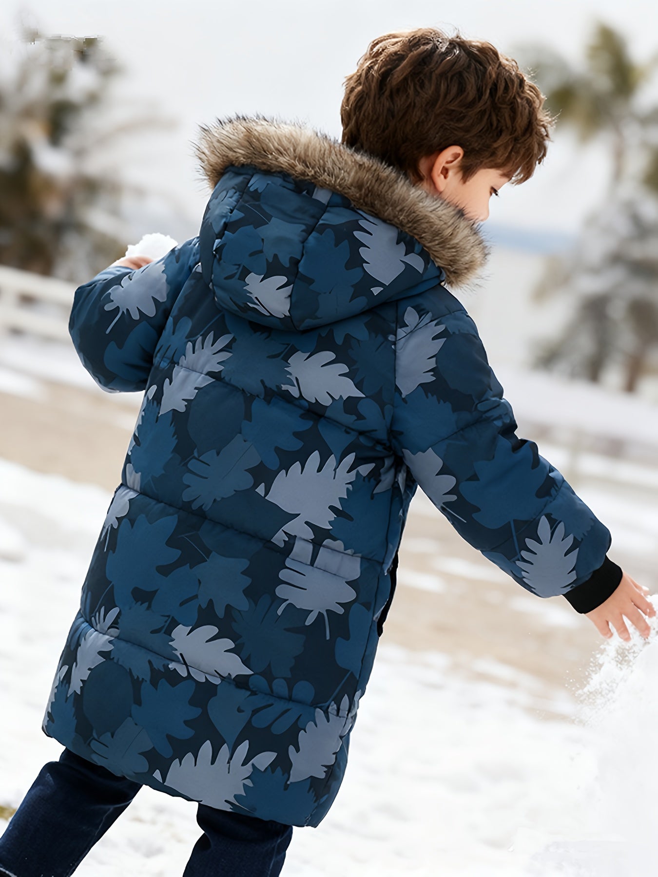 JOMAKE Boys' Full-Zip Hooded Winter Jacket with Camo Print & Leaf Pattern, Insulated Windproof Coat, Machine-Washable Polyester, Turquoise Blue/Grey Snowproof Outerwear for Skiing, & Activities (All-Season ', Winter Jacket For Boys, Boys Winter Coat, Boy