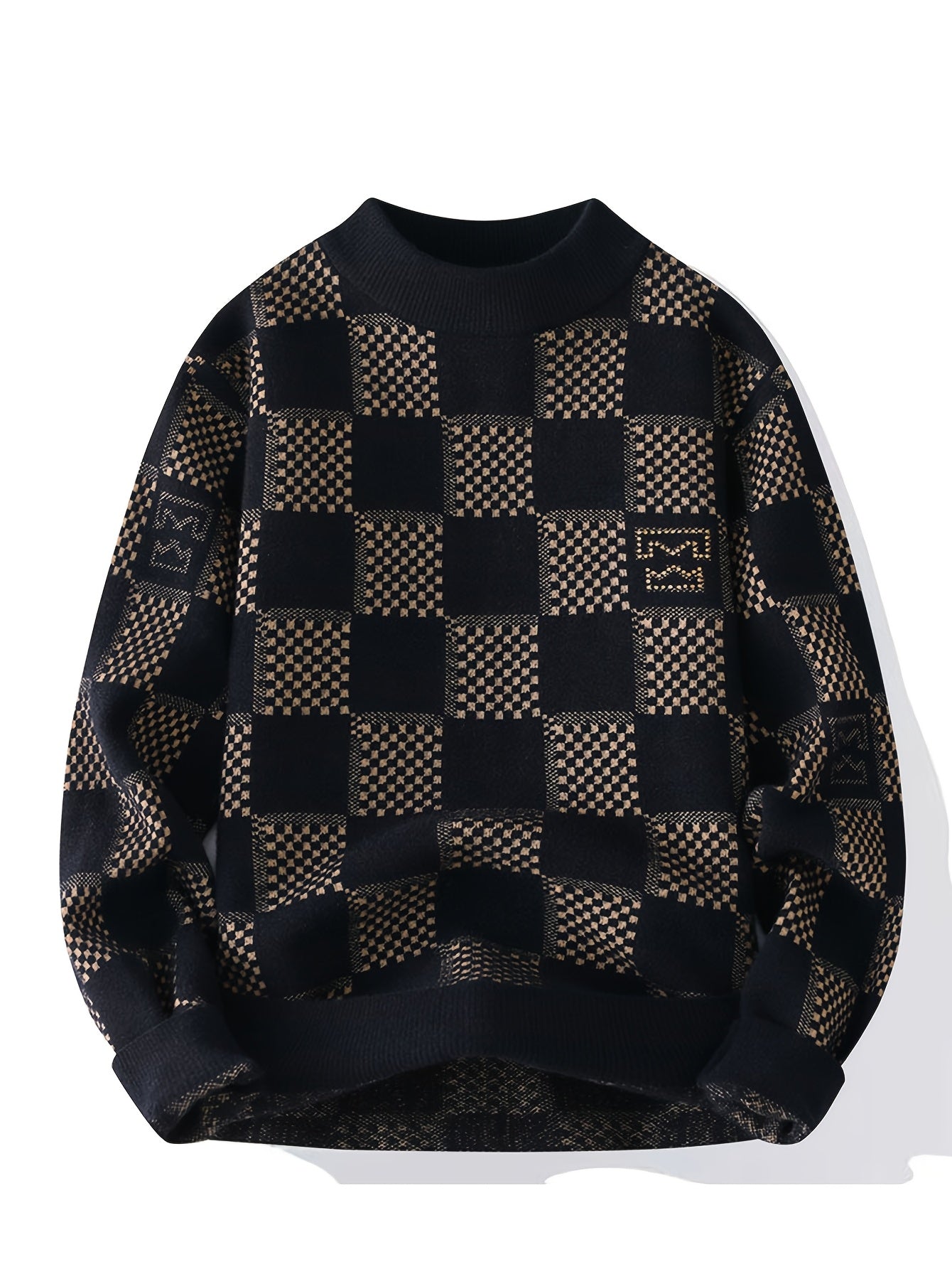 SENMEIGUO Men's Slim Fit Thermal Knit Sweater - Black & White Checkered Pattern, High Elasticity Round Neck Long Sleeve Pullover for Autumn Winter Casual Wear, Winter Sweater, Autumn Wardrobe, Modern Checkered, Comfortable Winterwear