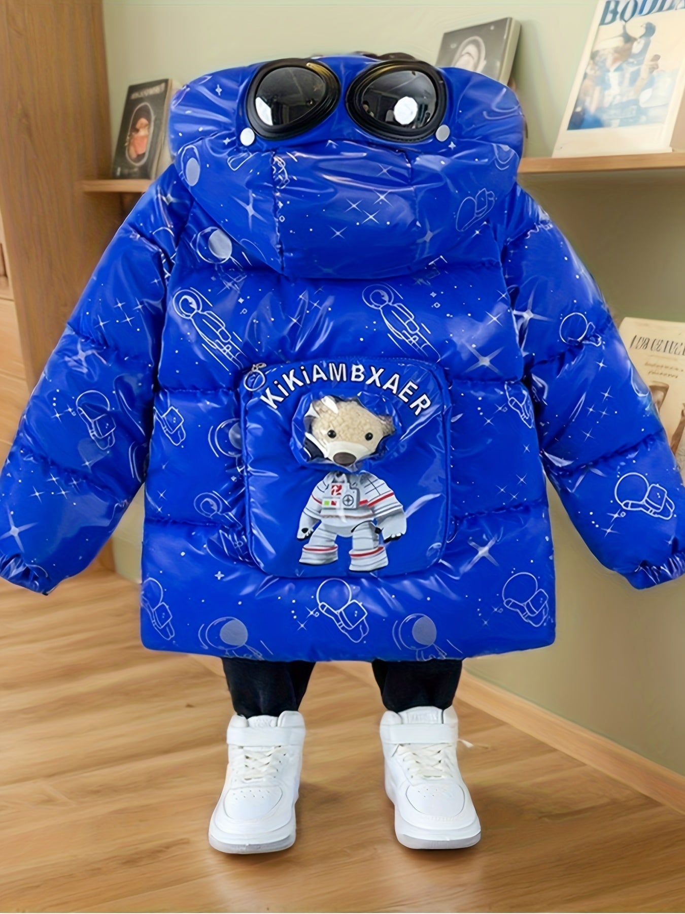 Boys' & Girls' Winter Hooded Jacket with Bear & Glasses Design - Warm Fleece-Lined Zip-Up Coat, Loose Fit Casual Outerwear for Ages 3-10, Perfect for Halloween, Thanksgiving, Christmas Gifts, Winter Coat, Playful Kids' Fashion, Durable Kids' Clothin