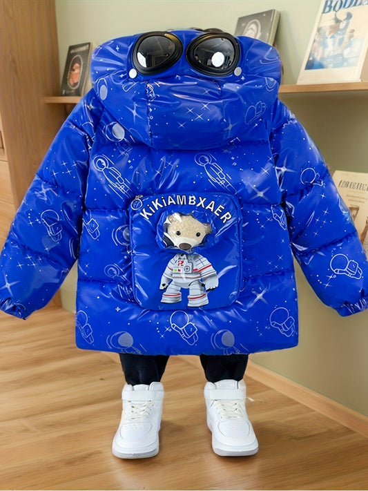 Boys' & Girls' Winter Hooded Jacket with Bear & Glasses Design - Warm Fleece-Lined Zip-Up Coat, Loose Fit Casual Outerwear for Ages 3-10, Perfect for Halloween, Thanksgiving, Christmas Gifts, Winter Coat, Playful Kids' Fashion, Durable Kids' Clothin