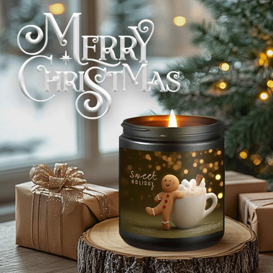 1pc Gingerbread for Man Hot Cocoa Mug Marshmallows Cinnamon Stick Scented Candle Whimsical 2D Illustration Hyper Detailed Texture Warm Bokeh Clean Negative Space Minimalist Sans Serif Type Christmas Sweet Holiday Gift for Home Decor Festive.
