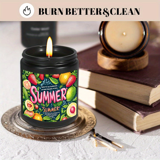 1pc Summer Vibes Fruit Scented Soy Wax Candle - Artistic Fonts Design with Strawberry, Peach, Mango & Kiwi, Essential Oil-Free Fragrance, 8-12 Hour Burn Time, Black or White Container, Indoor Home Decor Gift for Women, Men, Teens, Friends, Family (Birthd