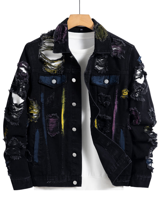 Men'S Streetwear Denim Jacket with Random Paint Splatter & Tear Detail - Black, Long Sleeve, Button-Up, Non-Stretch Fabric, Casual Style, Casual Outerwear | Streetwear Style | Nonstretch Fabric