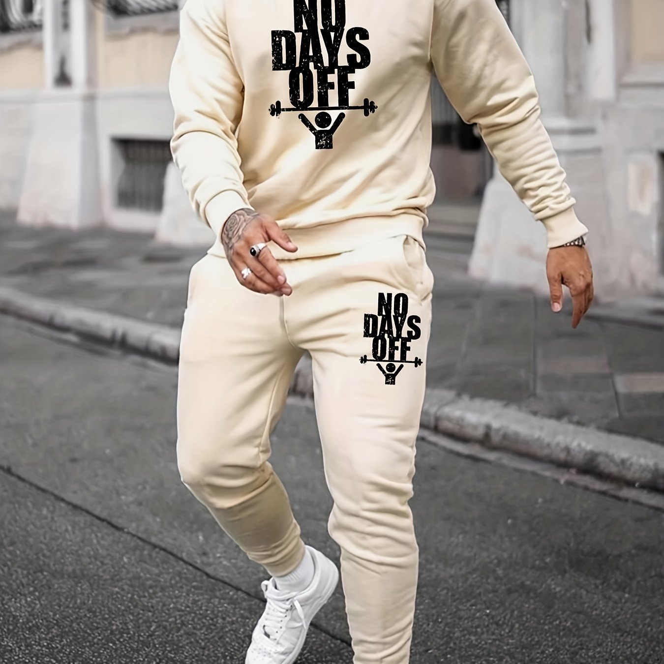2-Piece NO DAYS OFF Outfit for Men: Crew Neck Long Sleeve Pullover Sweatshirt and Drawstring Sweatpants Joggers Set for Spring Fall