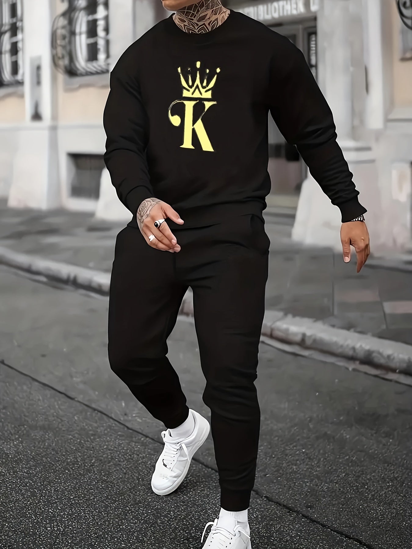 2-Piece NO DAYS OFF Outfit for Men: Crew Neck Long Sleeve Pullover Sweatshirt and Drawstring Sweatpants Joggers Set for Spring Fall