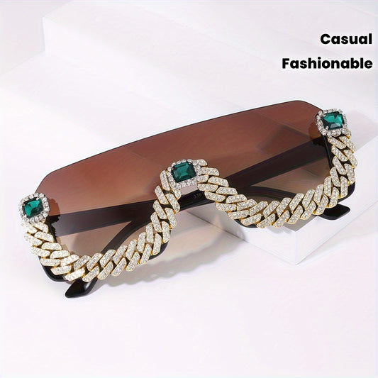 Men'S Hip-Hop Style Semi-Rimless Glasses with TAC Lenses, Zinc Alloy Frame, and Decorative Metal Chain - Fashionable Eyewear for Casual Wear