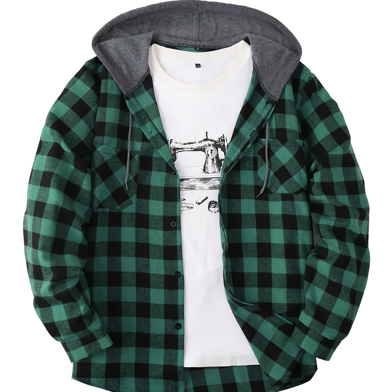 Long Sleeve Casual Regular Fit Button Up Hooded Shirts Jacket, Plaid Shirt Coat For Men