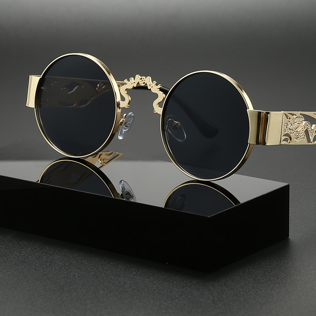 1pc Men's Small Round Frame Glasses - Golden-Tone Metal Frame with Intricate Pattern, Decorative Lens, Narrow Fit (<131mm) for Casual & Formal Wear, Fashion Accessories, Elegant Eyewear, Detailed Embellishments, Luxurious Appearance