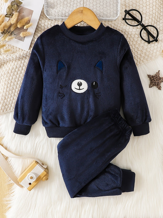 Boy's Cartoon Cat Pattern Long Sleeve Crew Neck Warm Fleece Top & Pants, Cute Warm Set