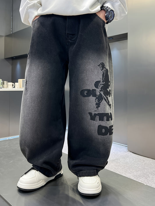 Boys' Casual Loose-Fit Straight-Leg Faux Denim with Elastic Waistband - Cartoon Character & Letter Print, Ripped Detail, All-Season Outdoor Sports & Dance Pants for School, Cycling, and Casual Attire, Boy Faux Denim, School Uniform Pants, Trendy Cartoon