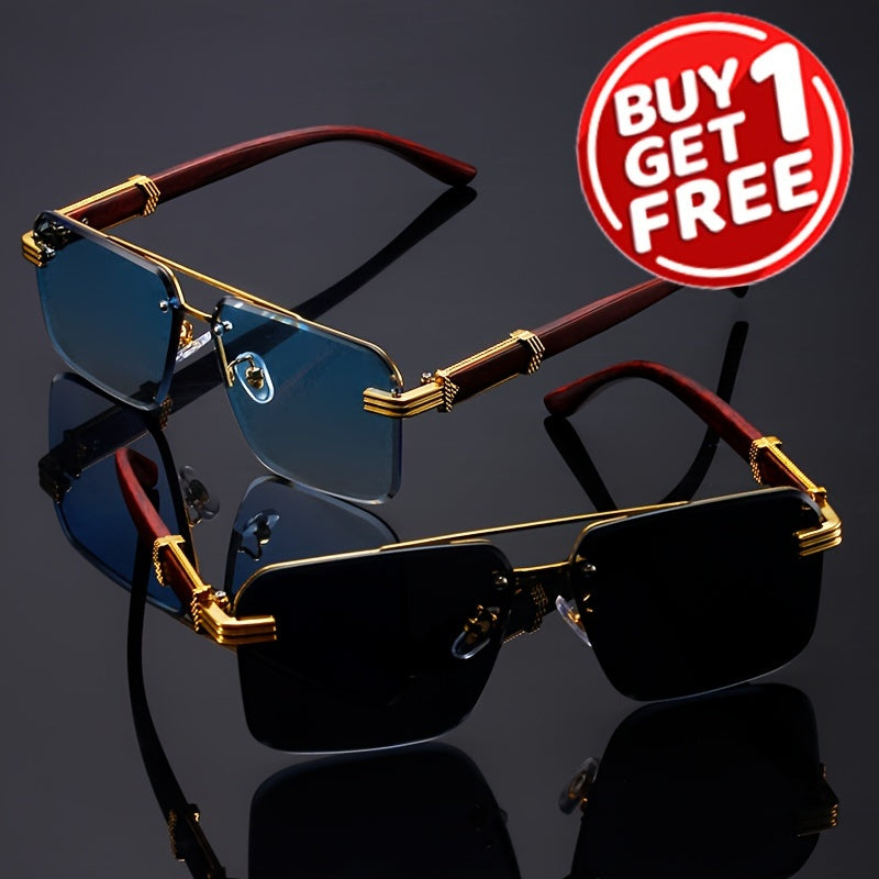 2pcs/SET retro frameless fashionable glasses for women, square decorative glasses with classic wood grain legs for men