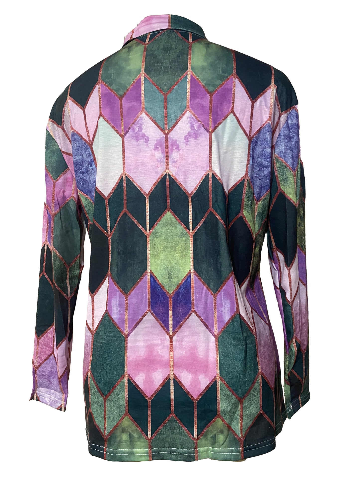 Colorful Geometric Zip-Up Long Sleeve Shirt - Stretchy & Comfortable Polyester Blend, Machine Washable - Casual Style for All Seasons