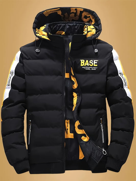 Reversible Men's Winter Jacket - Trendy Casual Hooded Outerwear with Full-Print Design, Zip-Up Front, and Side Pockets - 100% Polyester, Machine Washable - Perfect for Sports & Leisure