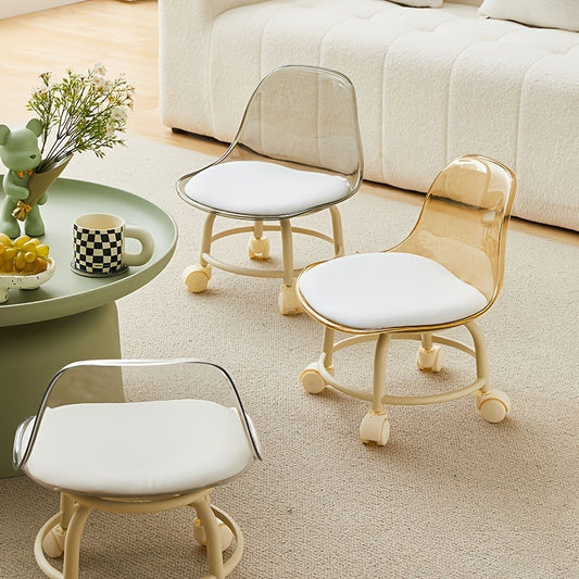 Modern Multifunctional Crystal Stool with 360° Rotating & Rolling Base - Crystal-Like Clear Plastic Seat, White/Pink Low-Profile Stool for Home & Office - Easy-Clean Durable Plastic Construction, Space-Saving Mobile Furniture